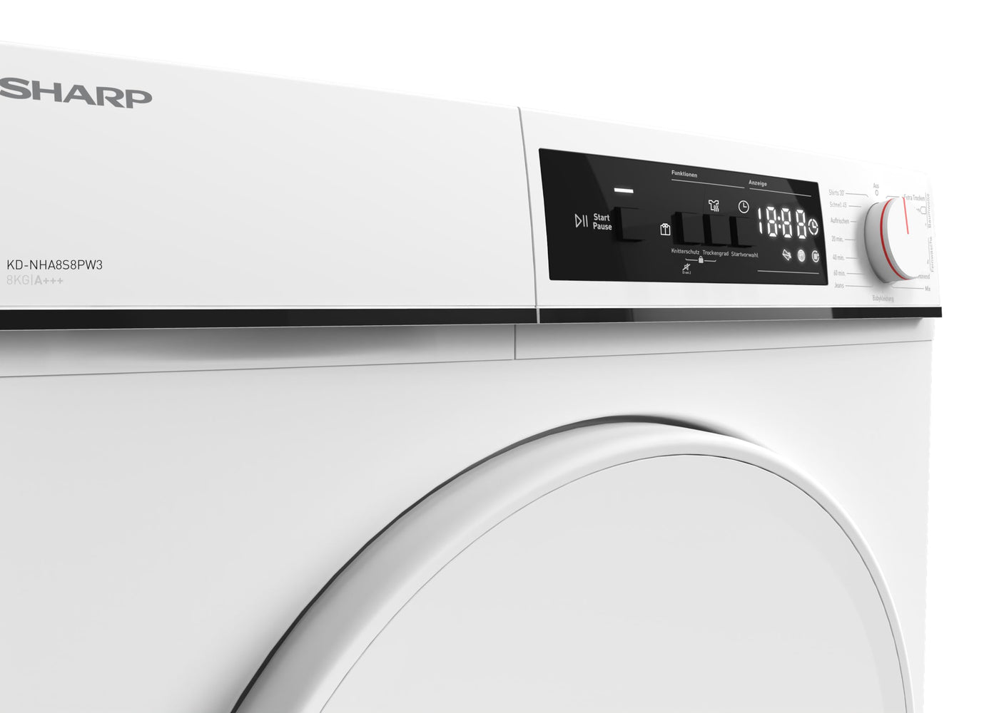 Sharp KD-NHA8S8PW3-DE Wärmepumpentrockner Frontlader, 8 kg, 15 Programme, 30 Min. Kurzprogramm, Schontrommel, LED-Innenbeleuchtung, Kindersicherung, Weiß