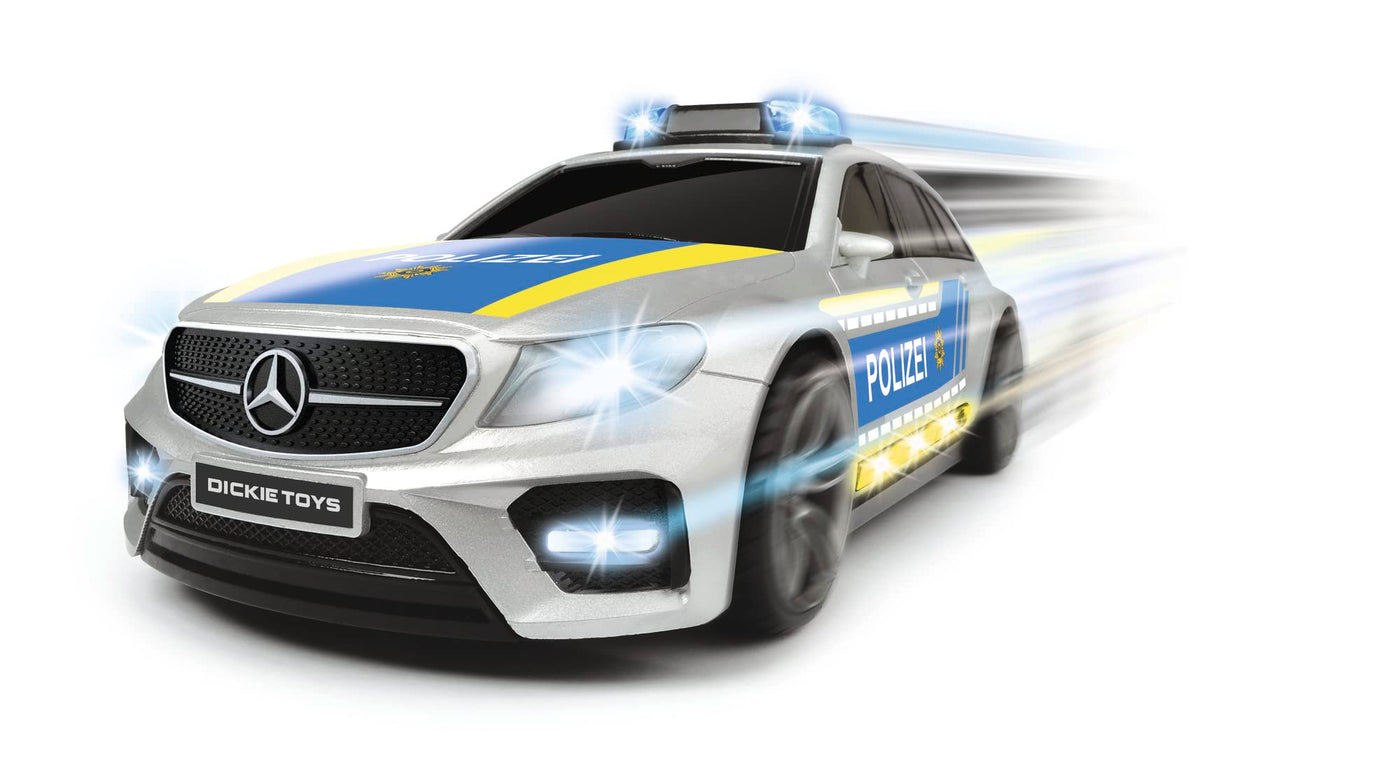 Dickie Toys Mercedes-AMG E43 Polizeiauto, Polizei, motor. Spielzeugauto, Heckklappe öffnet per Knopfdruck mit Hundegebell-Soundeffekt, inkl. Batterien, 30 cm, Silber/Blau