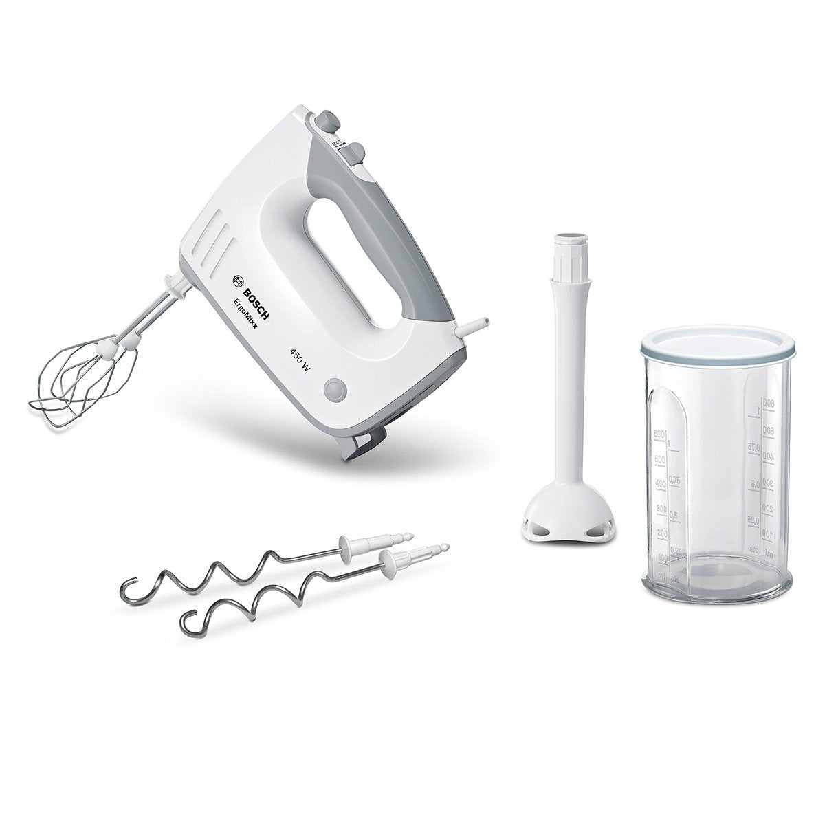 Bosch Hausgeräte Handrührer ErgoMixx MFQ36440, 2 Rührbesen, 2 Edelstahl-Knethaken, Pürierstab, Becher, spülmaschinengeeignet, 5 Stufen plus Turbostufe, 450 W, weiß
