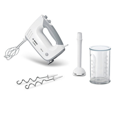 Bosch Hausgeräte Handrührer ErgoMixx MFQ36440, 2 Rührbesen, 2 Edelstahl-Knethaken, Pürierstab, Becher, spülmaschinengeeignet, 5 Stufen plus Turbostufe, 450 W, weiß