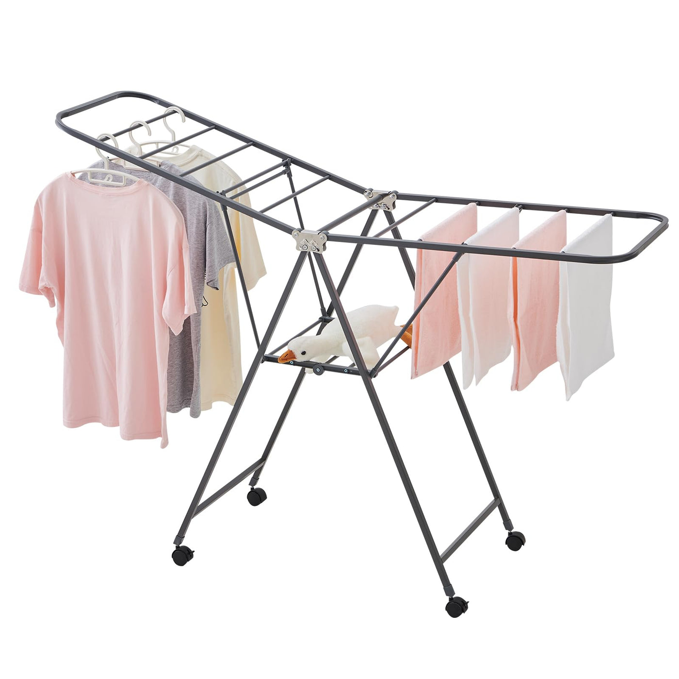 Kaixin Rabbit Zusammenklappbarer Wäscheständer，Und Habe 18 stangen，Räder können festgestellt Werden，Wäscheständer aus Metall，Rostschutzbehandlung，Kann drinnen und draußen verwendet Werden