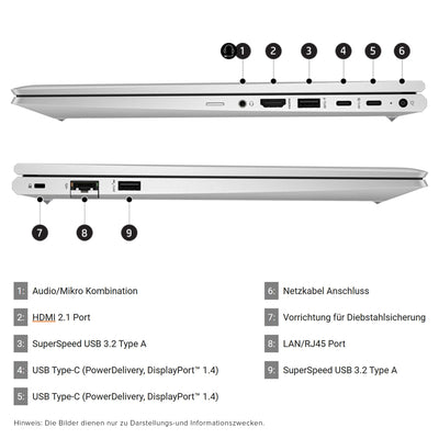 HP ProBook 450 G10 Laptop, Intel Core i5-1334U, 64 GB DDR4 RAM, 1 TB PCIe SSD, 15.6" Full HD (1920x1080) Display, Intel Iris Xe Graphics, Backlit QWERTZ Tastatur, Windows 11 Pro, Silber