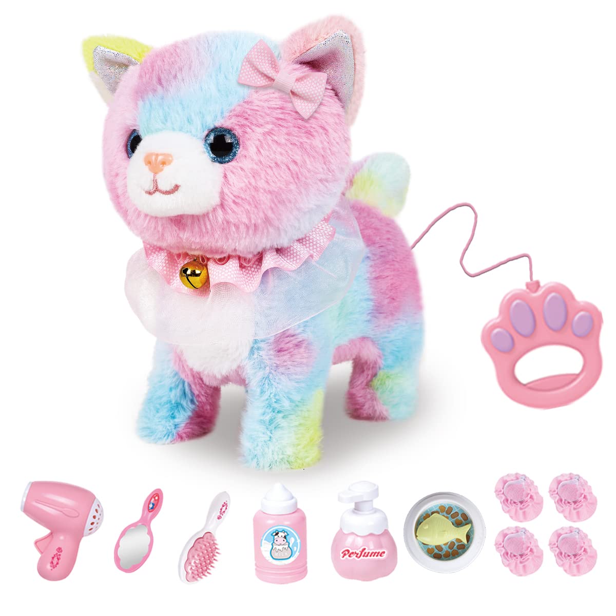 RuiDaXiang Plüschtierkatze mit Ferngesteuerter Leine, realistische interaktive Haustierkatze,die läuft und inklusive Katzenzubehör(Bunt Katze)