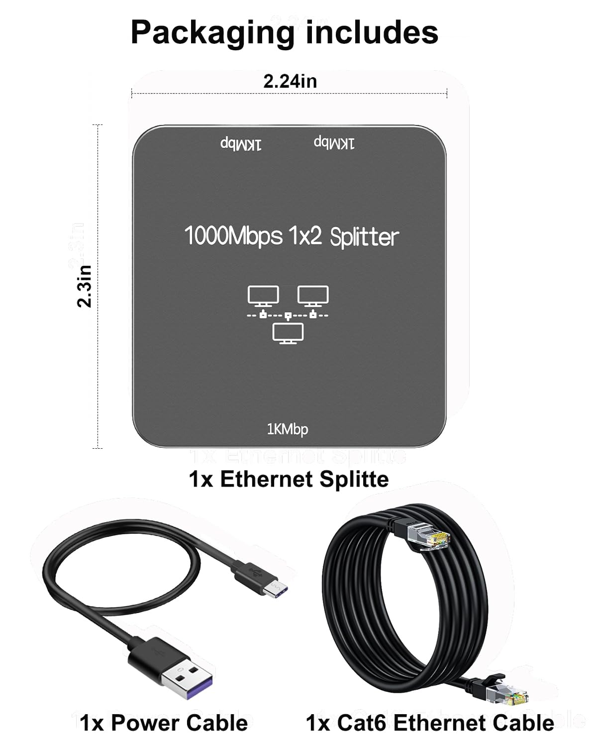 Uzifhdhi LAN Splitter 1 auf 2 mit Ethernet Kabel, Gigabit LAN Switch 2 Port 1000Mbps Ethernet Splitter für Computer, TV, Hub, Switch, Router, Set-Top Box,et. Grau