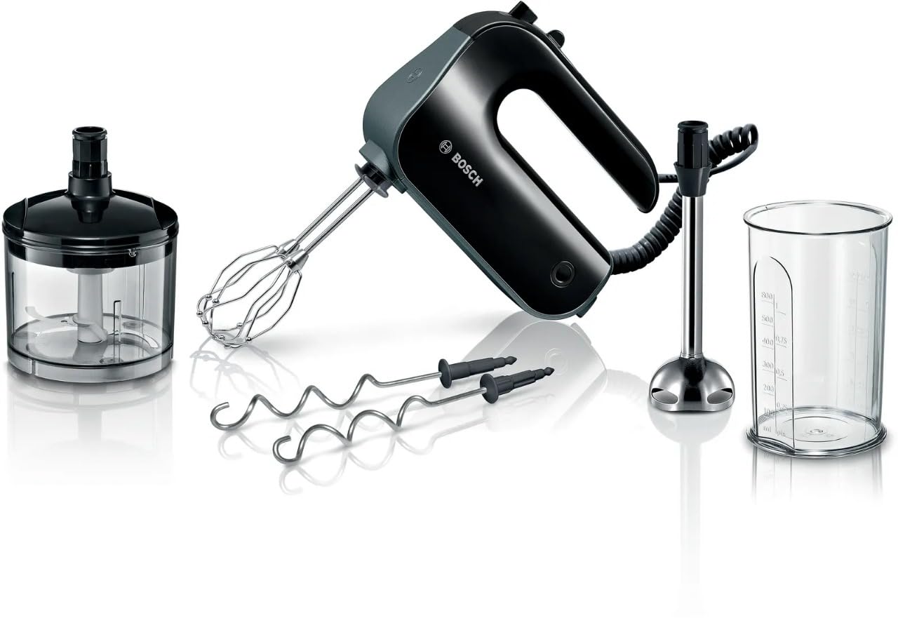 Bosch Handrührer Home Professional Styline MFQ4980B, 5 Stufen, 2 Edelstahl Rührbesen- und Knethaken, Mixstab Edelstahl, Universalzerkleinerer, 850 W, schwarz/dark silver