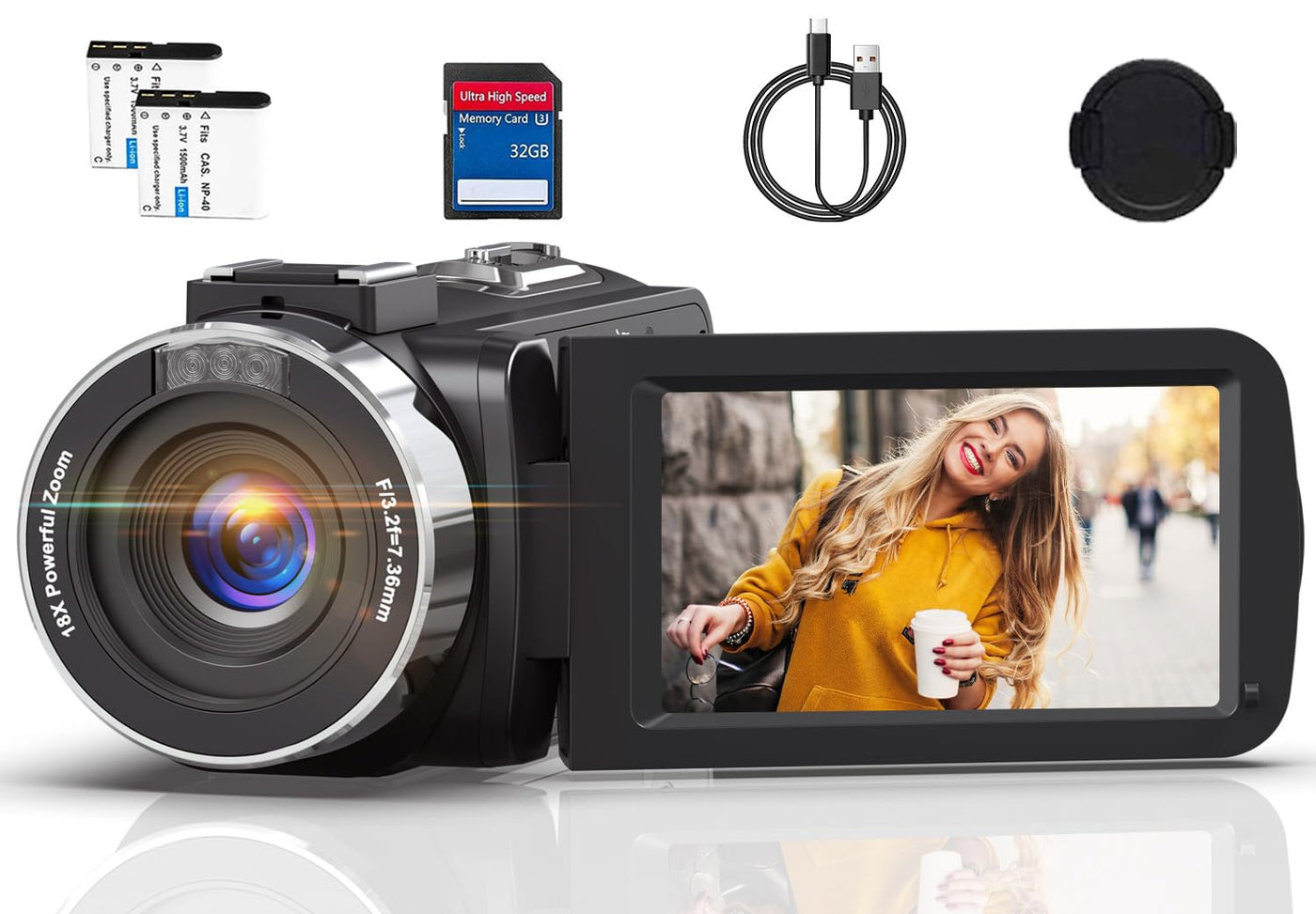 Videokamera 4K Camcorder HD 80MP IR-Nachtsicht Vlogging Kamera für YouTube, Webcam Camera mit 18-Facher Digitalzoom, 3.0’’ 270° Drehung IPS Bildschirm 30FPS Videokamera mit 32GB SD-Karte und Batterien