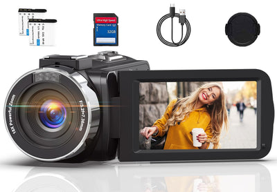 Videokamera 4K Camcorder HD 80MP IR-Nachtsicht Vlogging Kamera für YouTube, Webcam Camera mit 18-Facher Digitalzoom, 3.0’’ 270° Drehung IPS Bildschirm 30FPS Videokamera mit 32GB SD-Karte und Batterien