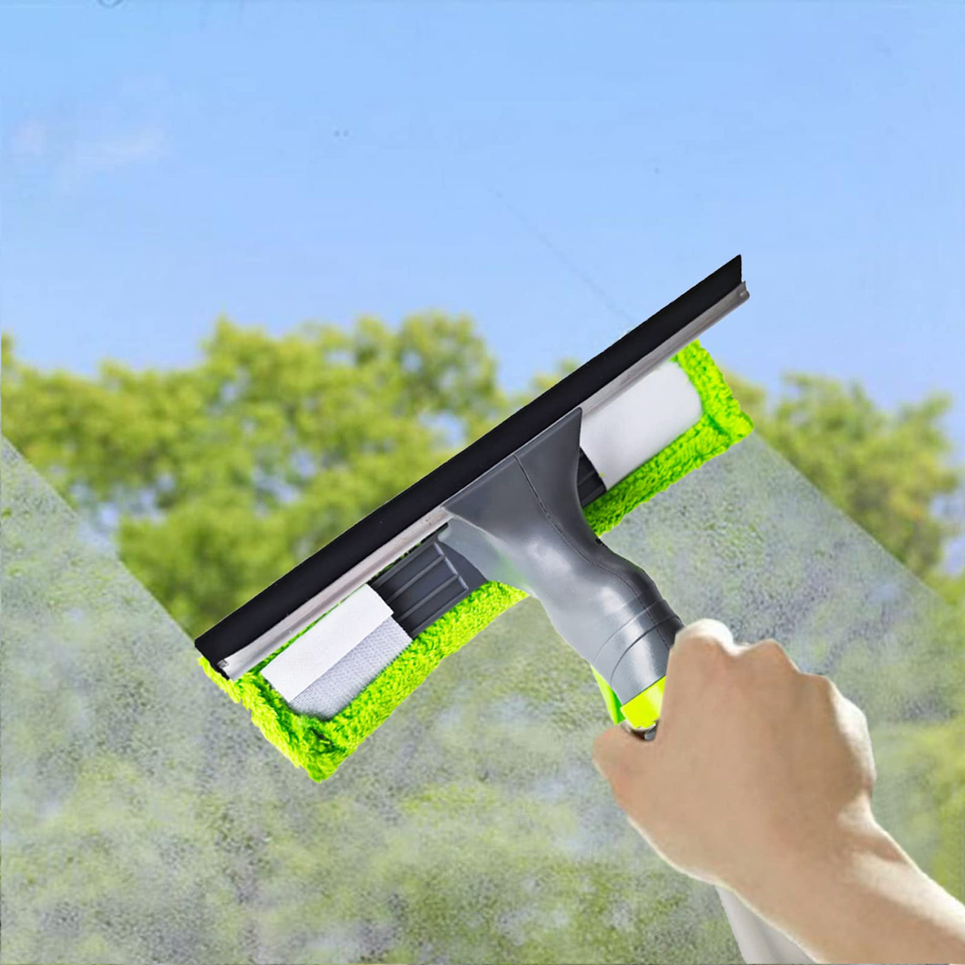 3 IN 1 200ml Fensterwischer mit Sprühfunktion, Fenster Putzen mit Sprühgerät, Fensterreiniger, Abnehmbares Mikrofaser Fenster-Reinigungspad