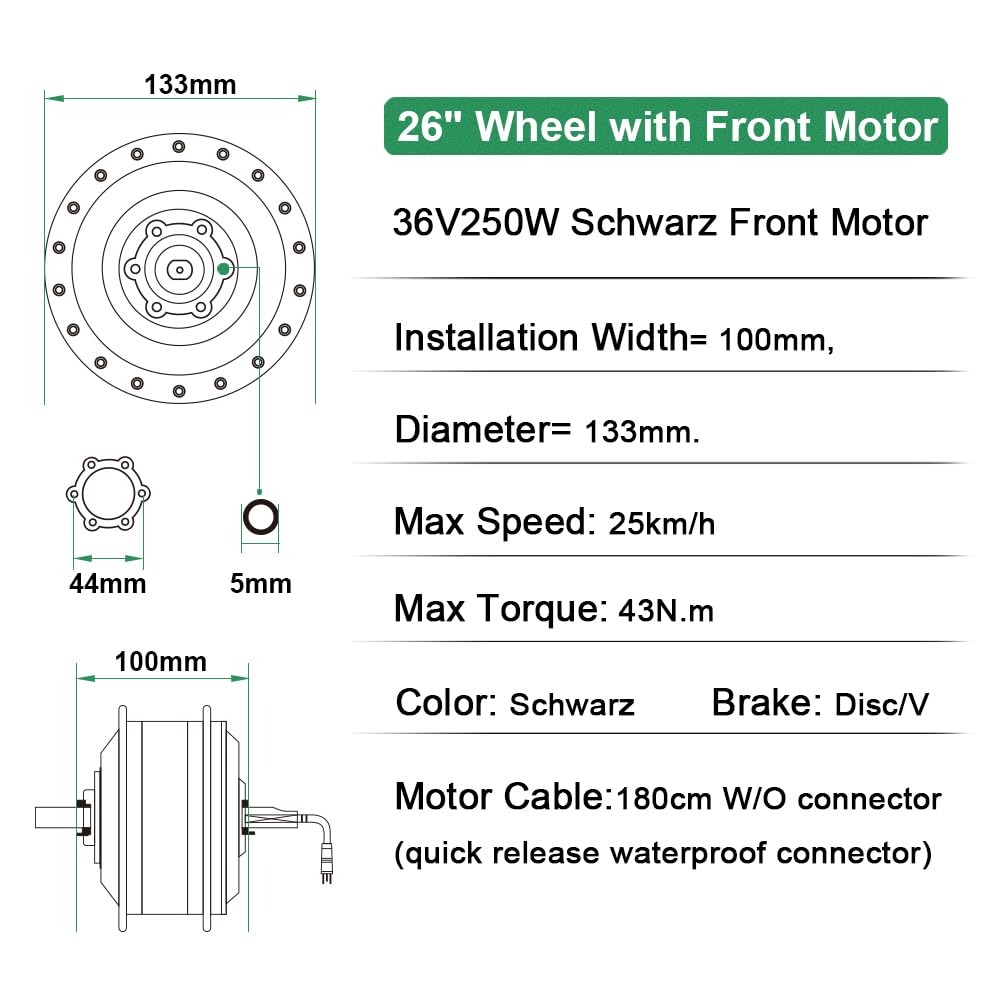SHIMOST 26 Zoll E-Bike Umbausatz Conversion Kit 36V250W Frontmotor für Vorderrad mit Scheinwerfer, Controller, LCD, PAS Sensor, Daumengas