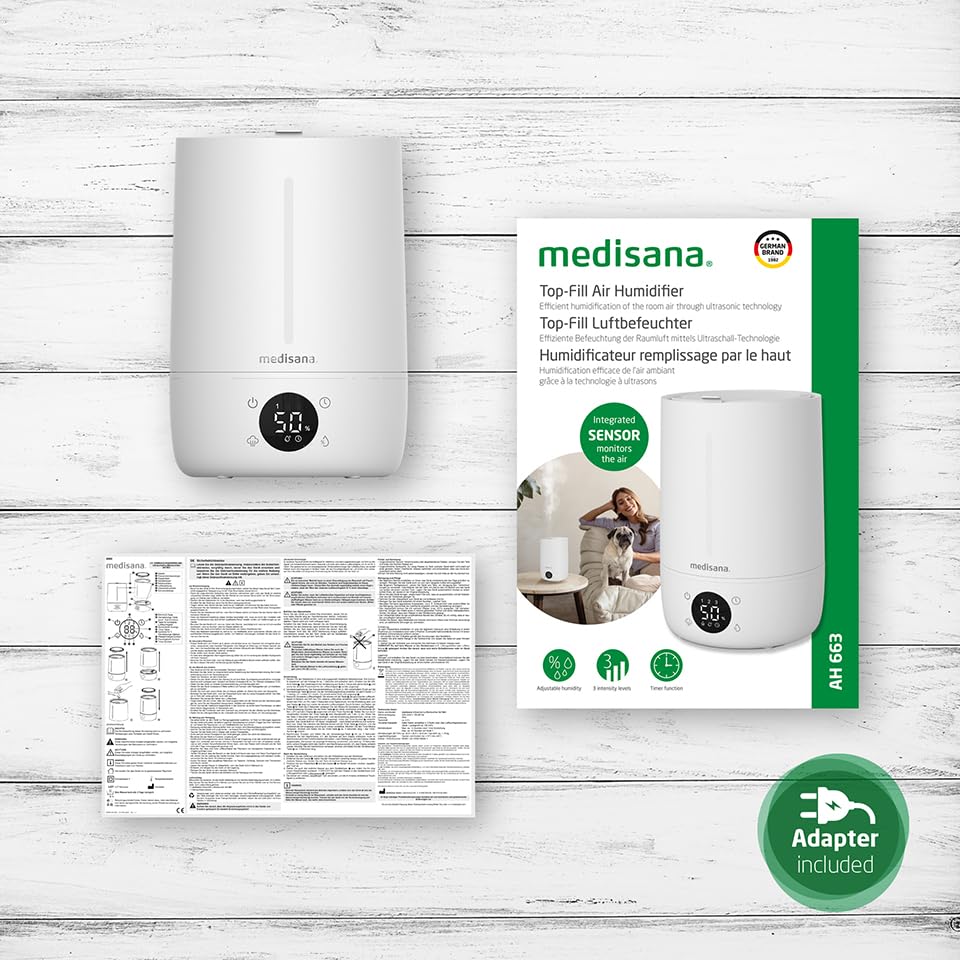 medisana AH 663 Luftbefeuchter mit Hygrometer und Ultraschall-Technologie, Lufterfrischer elektrisch mit LED-Anzeige, Timer und Schlafmodus, Diffuser für Büro, Schlafzimmer, Wohnzimmer, Kinderzimmer