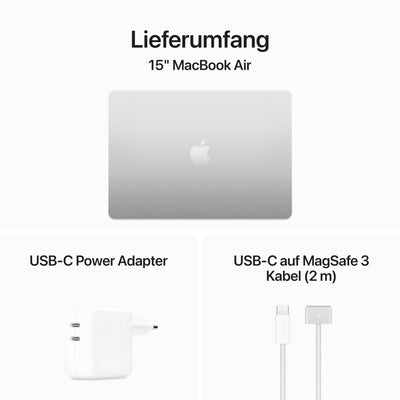 Apple 2024 15" MacBook Air Laptop mit M3 Chip: 15,3" Liquid Retina Display, 16 GB gemeinsamer Arbeitsspeicher, 512 GB SSD Speicher, beleuchtete Tastatur, 1080p FaceTime HD Kamera, Touch ID, Silber