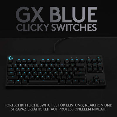Logitech G PRO Mechanische Gaming-Tastatur – Portable Tenkeyless Design, abnehmbares Micro-USB-Kabel, GX Blue Clicky Switches, LIGHTSYNC RGB Backlit Keys, QWERTZ Deutsch, PC,Mac - Schwarz