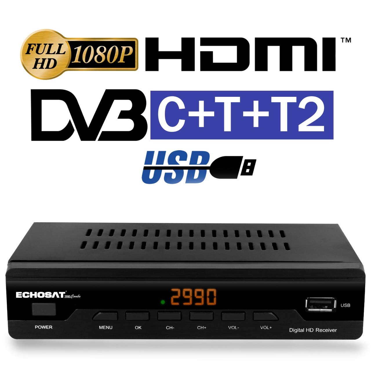 Kabelreceiver Kabel Receiver Receiver für digitales Kabelfernsehen 2990 Combo DVB-C (HDTV,DVB-C / C2, DVB-T/T2, HDMI, SCART, USB 2.0, WLAN optional) + HDMI Kabel