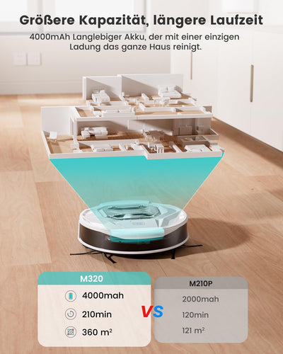 LEFANT M320 Saugroboter, 6.000Pa Staubsauger Roboter mit Präzise-Entfernungs-Navigation, Sichtbar 800ML Staubbehälter, 210Mins, WLAN/App, Ideal für Tierhaare, Teppiche