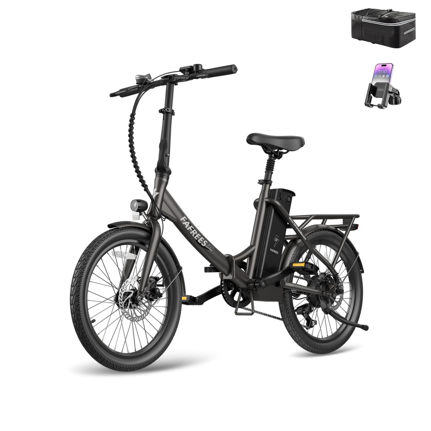 Fafrees F20 Lasting Premium City Faltrad Ebike | 250W Elektrofahrrad mit 36V 18.2Ah Akku (140kg Tragkraft) | StVZO-Zugelassen | Effiziente Fahrt (Hecktasche + Handyhalterung, Schwarz)