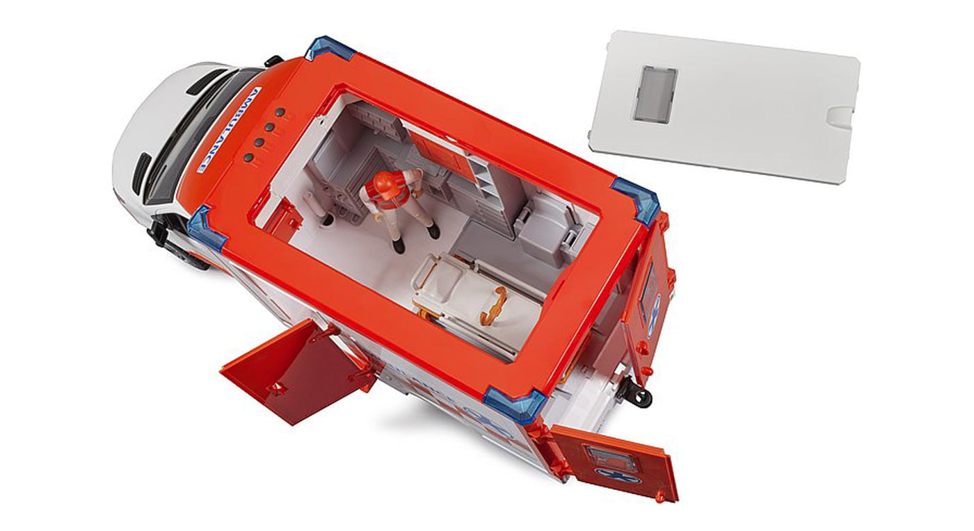 bruder 02676 - Mercedes-Benz Sprinter Ambulanz integriertes Light & Sound Modul Krankentrage Fahrer Einsatzfahrzeug Sanitäter Rettungswagen Rettungs-Dienst bworld 1:16