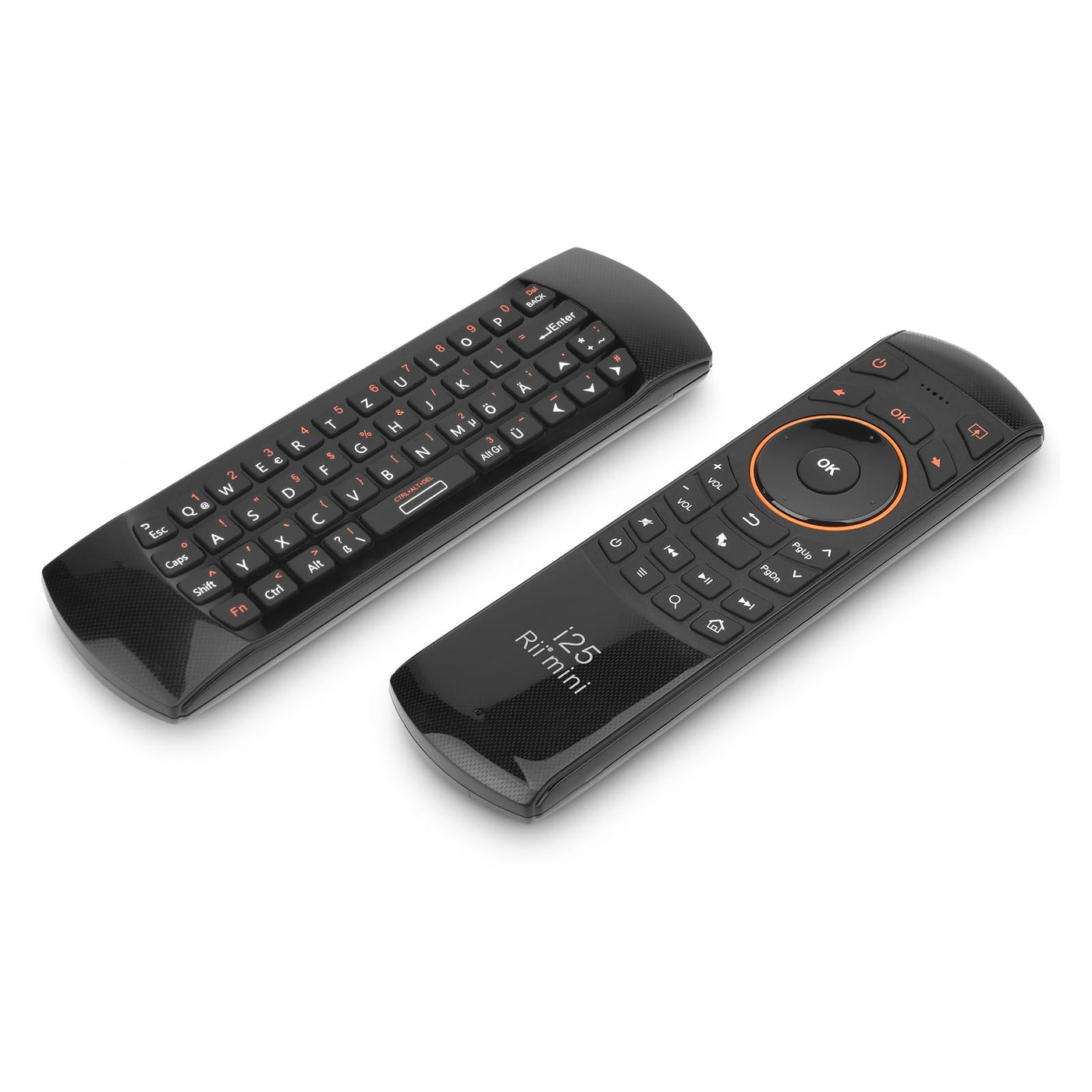 Rii Air Mouse mit 6 Axis Gyroskop, Tastatur Maus Set Kabellos ist Wiederaufladbar, Universalfernbedienung für HTPC/TV Box, PC Fernbedienung mit IR-Lernfunktion, QWERTZ, 2.4GHz, Schwarz