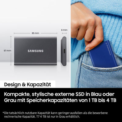 Samsung Portable SSD T7, 2 TB, USB 3.2 Gen.2, 1.050 MB/s Lesen, 1.000 MB/s Schreiben, Externe SSD Festplatte für Mac, PC, Smartphone und Spielkonsole, Blau, MU-PC2T0H/WW
