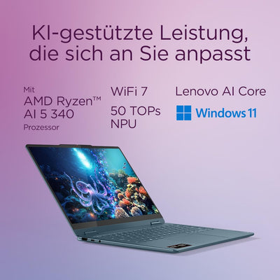 Lenovo Yoga 7 2-in-1 Laptop | Copilot+ PC | 14" WUXGA OLED Display | AMD Ryzen AI 5 | AMD Radeon Grafik | 16GB RAM | 512GB SSD | Win11 | QWERTZ | Tidal Teal | Inkl. Pen | 3 Monate Premium Care