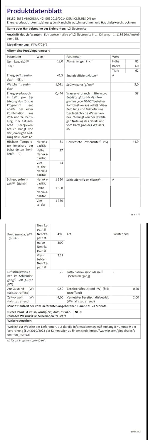 LG F4WR703YB Frontlader-Waschmaschine 13 kg, Klasse A -20%, 1.400 U./Min., 61.5x60x85 cm, TurboWash 360 in 39 Minuten, Allergy Care, Steam, Wi-Fi, Digitales Touchdisplay, Platinum Black