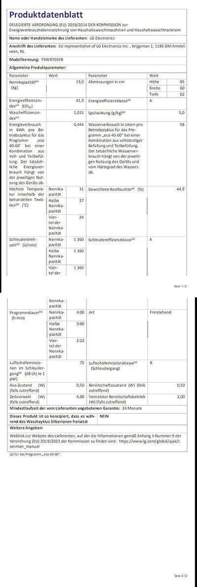 LG F4WR703YB Frontlader-Waschmaschine 13 kg, Klasse A -20%, 1.400 U./Min., 61.5x60x85 cm, TurboWash 360 in 39 Minuten, Allergy Care, Steam, Wi-Fi, Digitales Touchdisplay, Platinum Black