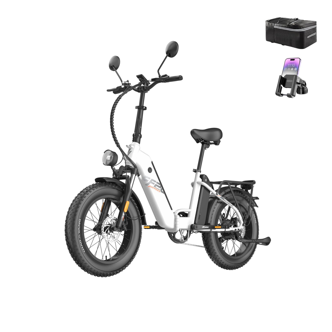 Fafrees FF20 Polar Fatbike E-Bike für Herren & Damen | 20 Zoll Klapprad | 48V 12Ah*2 Akku | 65N.m Motor, 150kg Tragfähigkeit | 170KM Reichweite (Hecktasche + Handyhalterung, Weiß)