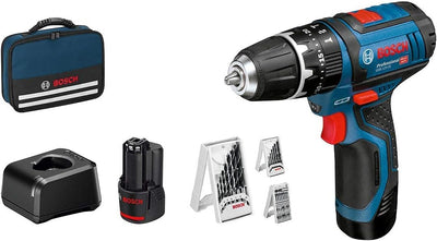Bosch Professional 12V System Akku Schlagbohrschrauber GSB 12V-15 (Bohr-Ø Holz max: 19 mm, inkl. 2x 2.0Ah Akku + Ladegerät, 2x Bohrer-Set, 1x Bit-Set, Werkzeugtasche) - Amazon Exclusive Set Set