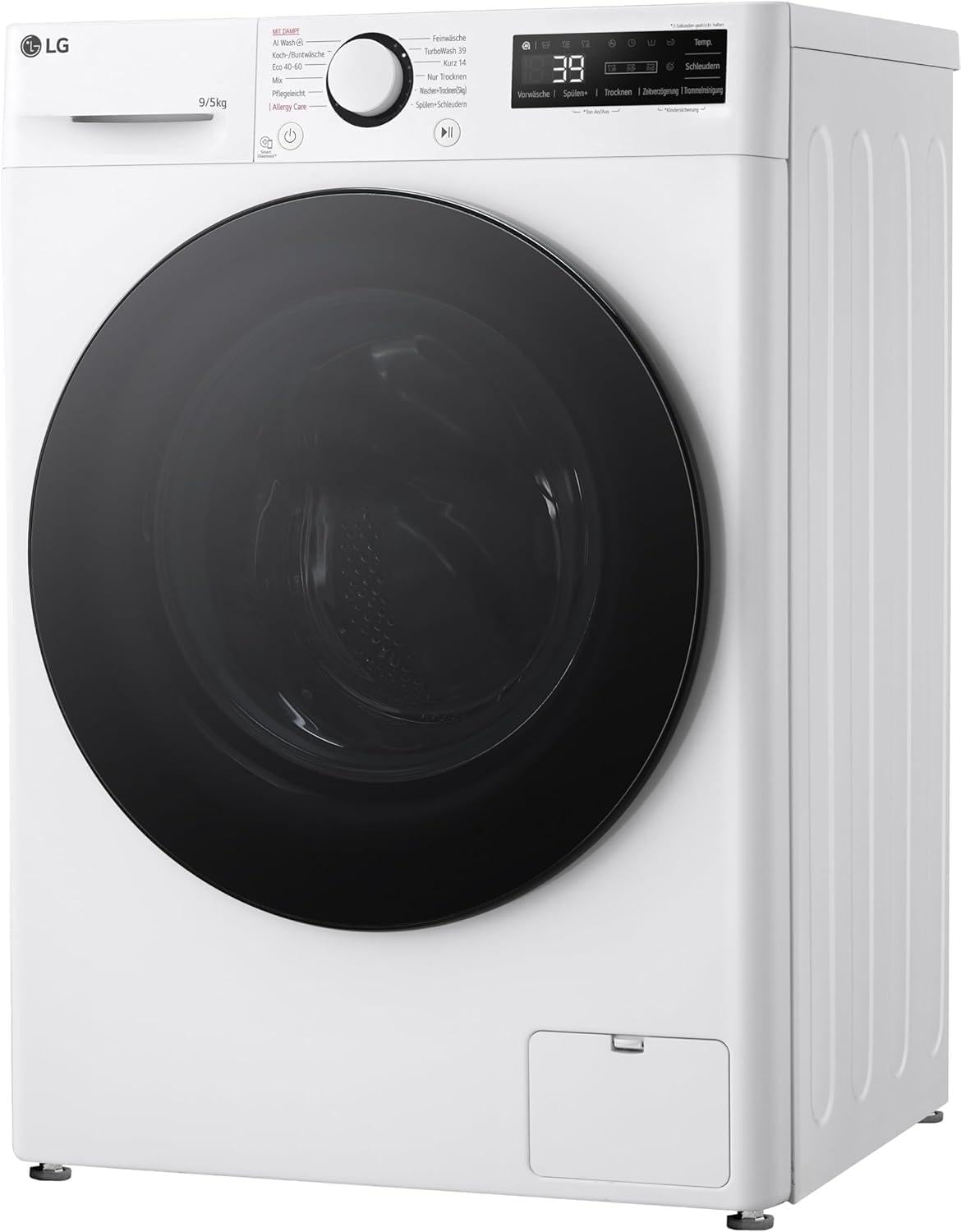 LG V5WD95SLIM, Klasse A - E, Frontlader-Waschtrockner 9 - 5 kg, Waschtrockner Slim 53,5 cm Tiefe, Wi-Fi, AI Direct Drive, Tiefenreinigung mit Dampf, TurboWash 360, Große Kapazität, Weiß