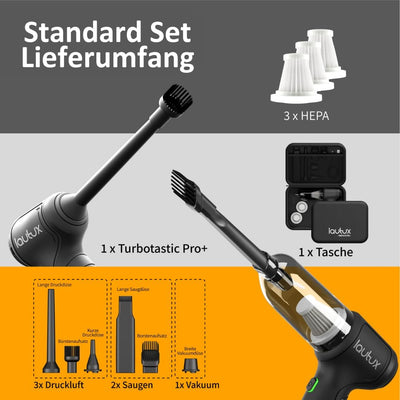 Turbotastic Pro 3in1 Handstaubsauger Standard Set: Leistungsstarker Sauger mit Power-Modus, Druckluft- und Vakuumfunktion, 2 Jahre Garantie inkl. Filter - Ideal für Haus, Garten und Auto