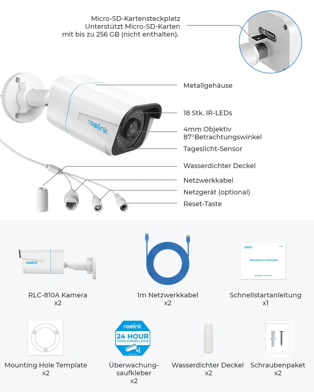 Reolink 2 Stück 4K Smarte PoE IP Kamera Outdoor mit Personen-/Autoerkennung, 8MP Überwachungskamera Aussen mit microSD Kartensteckplatz, 30m IR Nachtsicht, IP67, Zeitraffer, Fernzugriff, RLC-810A
