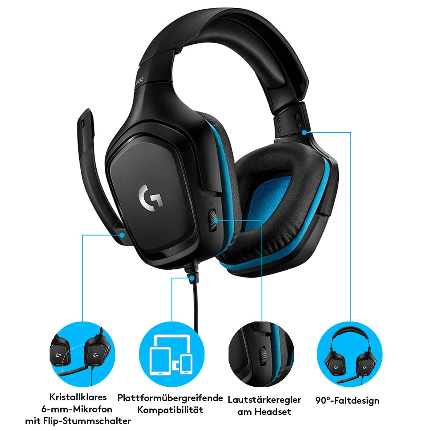 Logitech G432 kabelgebundenes Gaming-Headset, 7.1 Surround Sound, DTS Headphone:X 2.0, Bügelmikrofon mit Flip-Stummschaltung, Ohrpolster mit Kunstleder, PC/Mac/Xbox One/PS4/Nintendo Switch - Schwarz