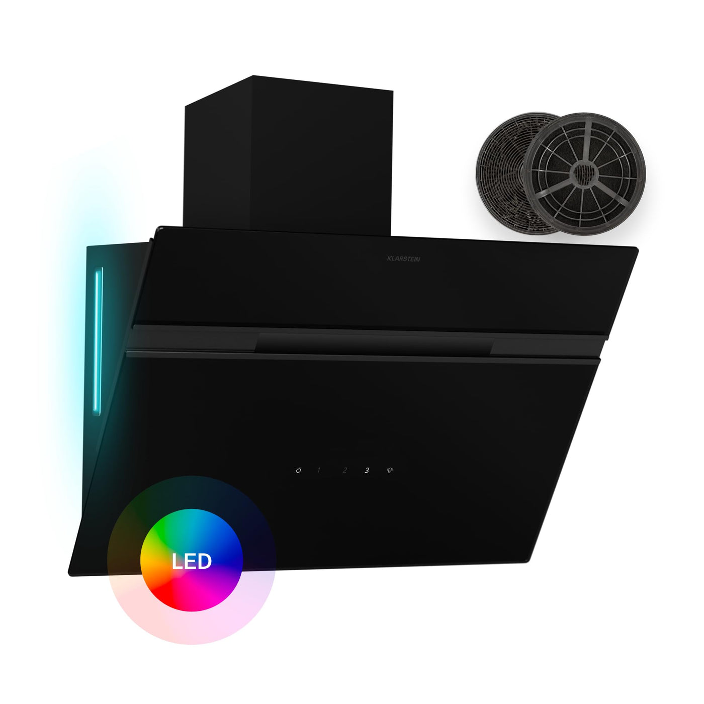 Klarstein Dunstabzugshaube Alina - 60-cm-Wandhaube, 600 m³/h Luftstrom, Energieeffizienzklasse A, LED-Beleuchtung in 9 Farben, Touch-Bedienfeld, Umluftbetrieb, Schwarz