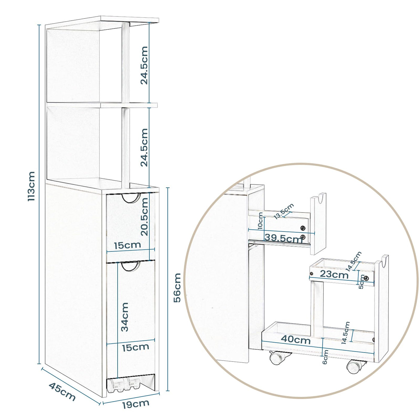 EUGAD Nischenschrank Badezimmer, mit Schublade auf Rollen, offenen Ablagen, Badschrank Badezimmerschrank schmal, Seitenschrank Küchenschrank Mehrzweckschrank, Weiß, 19x113x45 cm (BxHxT)
