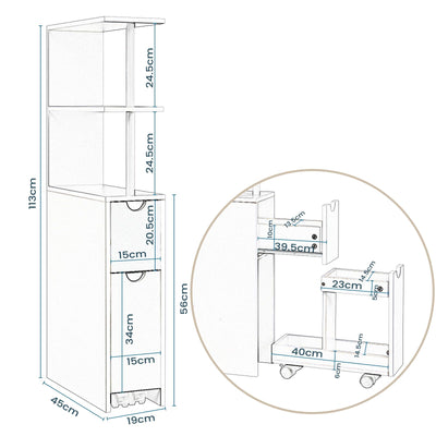 EUGAD Nischenschrank Badezimmer, mit Schublade auf Rollen, offenen Ablagen, Badschrank Badezimmerschrank schmal, Seitenschrank Küchenschrank Mehrzweckschrank, Weiß, 19x113x45 cm (BxHxT)