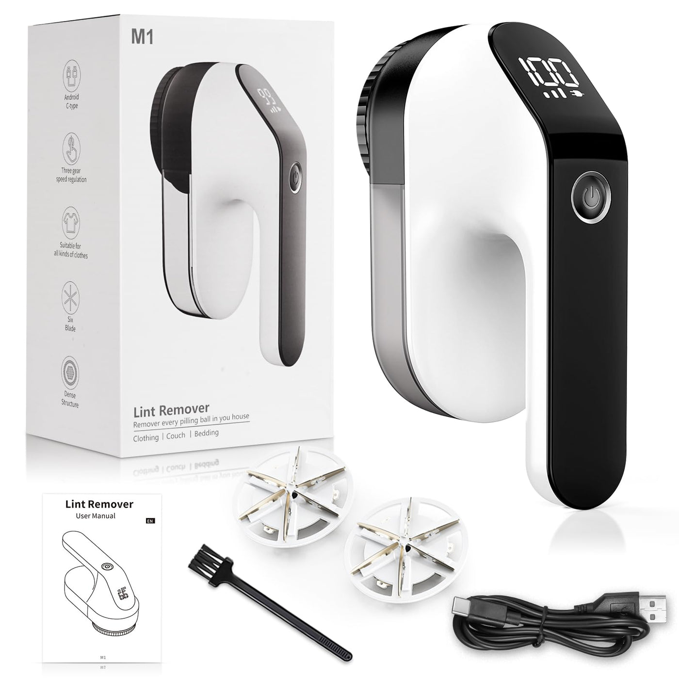 maxtachi Fusselrasierer Elektrisch Aufladbar, Fusselentferner Entfussler für Kleidung mit 3 Geschwindigkeiten, 6-Klingen-Kopf Flusenentferner für Alle Stoffe, LED-Anzeige Wollrasierer Lint Remover