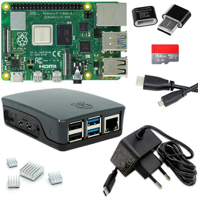 Raspberry Pi 4 8GB Starter-Set | 64GB Micro SD Karte | USB-C Netzteil 15W | Gehäuse schwarz | 4K Micro HDMI Kabel | Kühlkörper Set | Raspberry Pi 4 Model B 8GB RAM
