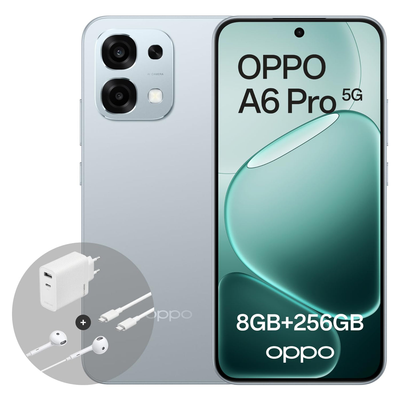 OPPO A6 Pro 5G 8+256GB, KI-Android-Smartphone (freigeschaltet), 6,57-Zoll 120Hz AMOLED-Display, 50+16-MP-KI-Kamera, 6500-mAh-Akku, IP69, Lunar Titanium (inkl. 80-W-SUPERVOOC-Ladegerät & Kopfhörer)