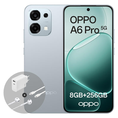 OPPO A6 Pro 5G 8+256GB, KI-Android-Smartphone (freigeschaltet), 6,57-Zoll 120Hz AMOLED-Display, 50+16-MP-KI-Kamera, 6500-mAh-Akku, IP69, Lunar Titanium (inkl. 80-W-SUPERVOOC-Ladegerät & Kopfhörer)