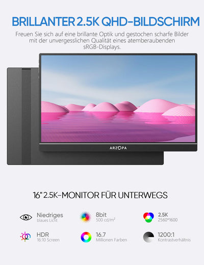 ARZOPA 16.1'' 144Hz Tragbarer Monitor mit Einem Standfuß, 100% sRGB 1920×1080P FHD HDR 144HZ Gaming Monitor, Ultra-dünn - Augenschutz-Externer Zweiter Bildschirm für Laptop/PC/Mac/PS3/4/5/Xbox - Z1FC
