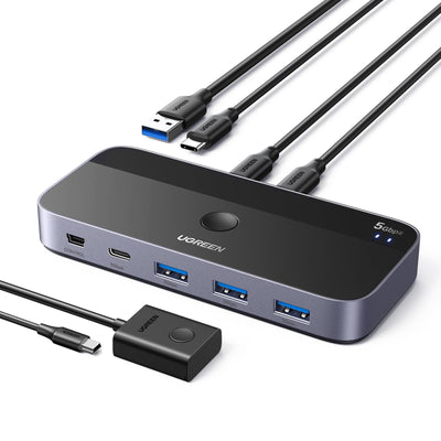 UGREEN USB C Switch 2PC USB Switch 3.0 mit 1xUSB C Port und 3xUSB A Ports, 2 In 4 Out USB-C Switch USB Umschalter Aluminiumgehäuse mit 2USB-C auf A/C Kabeln für Tastatur, Maus, Drucker, USB Stick usw.