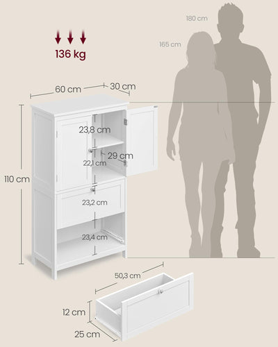 VASAGLE Badezimmerschrank, Badschrank, Küchenschrank, Aufbewahrungsschrank mit 2 Türen und 2 Schubladen, verstellbare Ablage, 30 x 60 x 110 cm, klassikweiß BBC551P31