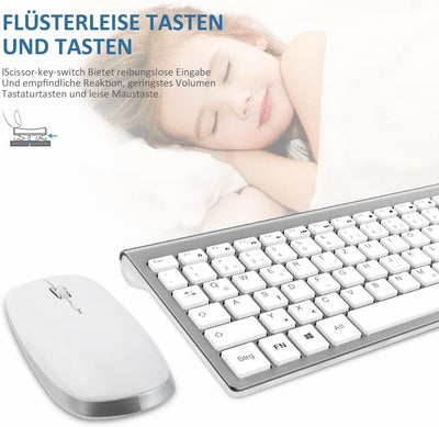 Tastatur Maus Set Kabellos - 2.4Ghz USB Funk Tastatur QWERTZ (Deutsch) Layout Ergonomisch Klein Maus Ultra-Dünne Wireless Keyboard Mouse für Computer/Desktop/PC/Laptop/Smart TV/Windows- Weiß Silber