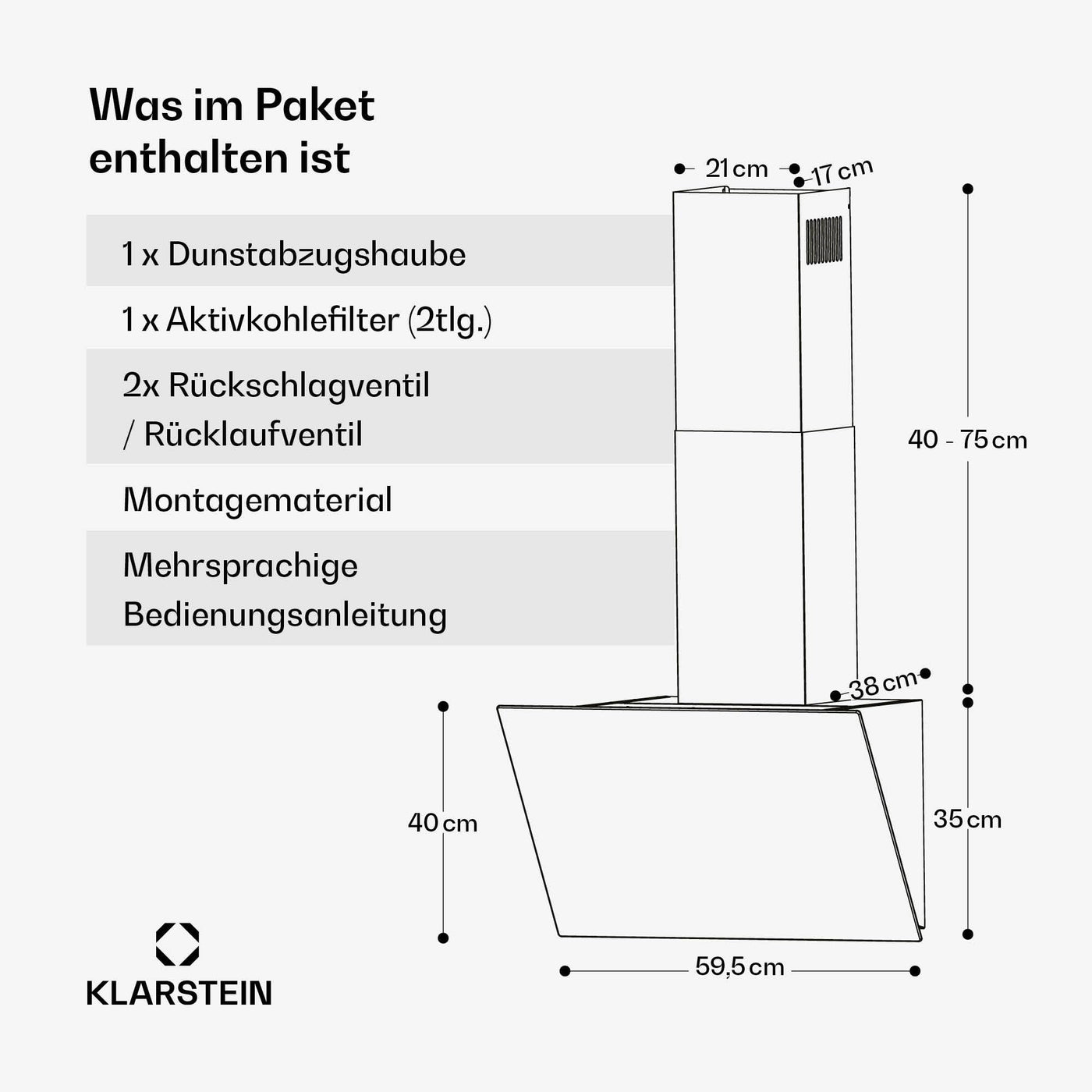 Klarstein FlashLine Dunstabzugshaube – 60 cm Kopffreihaube, Touchscreen, 524 m³/h, A++ Energieeffizienz, LED-Beleuchtung, leise 34,5 dB, Schwarz, Abluft- und Umluftbetrieb