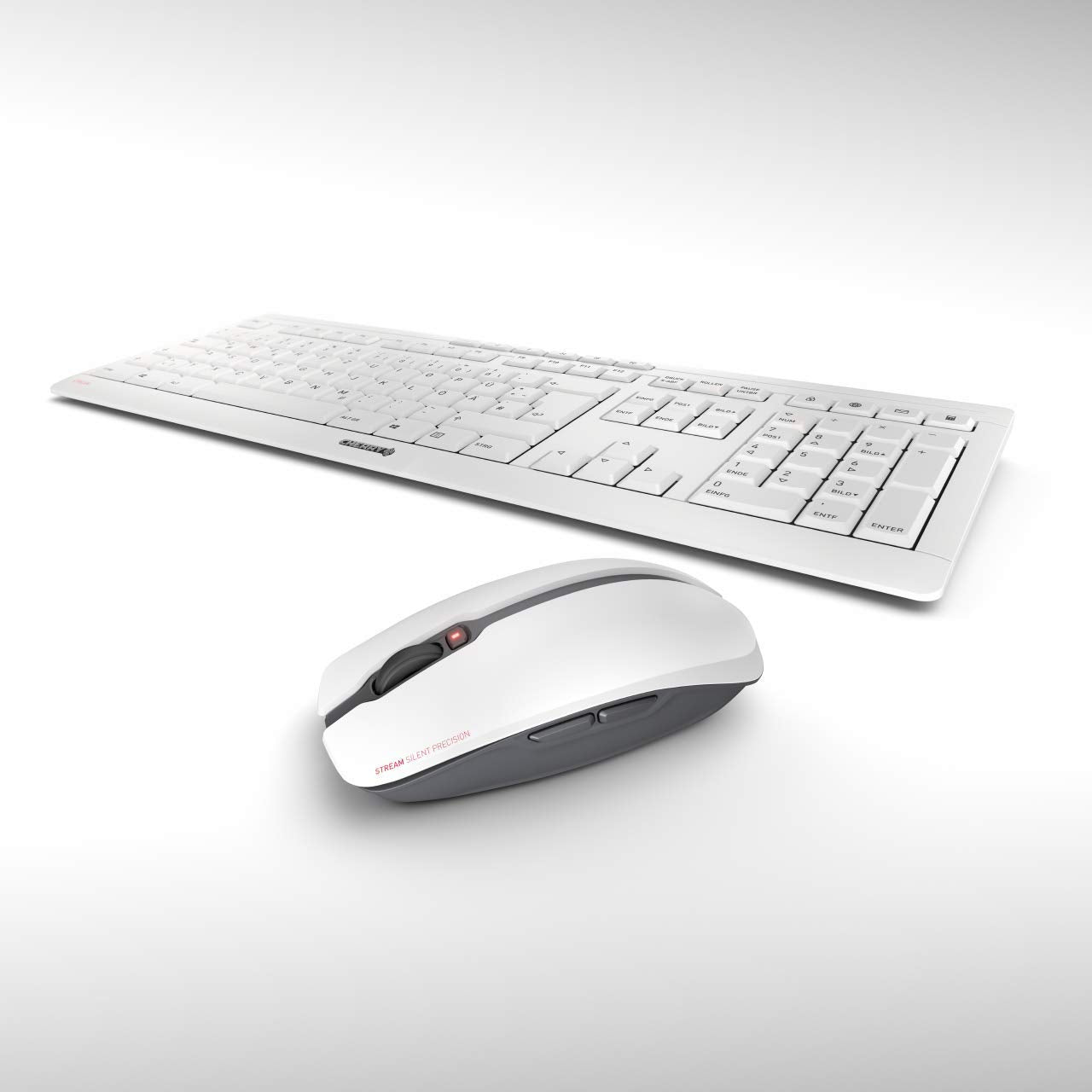 CHERRY STREAM DESKTOP, Kabelloses Tastatur- und Maus-Set, Deutsches Layout (QWERTZ), 2,4 GHz Funk, Leiser Tastenanschlag, Batteriebetrieben, Weiß-Grau