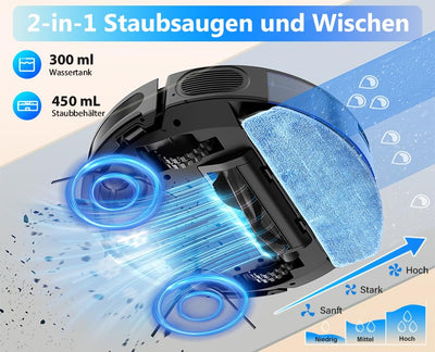 Tikom Saugroboter mit Wischfunktion 2 in 1, G8000 Max Staubsauger Roboter, 5000Pa Starke Saugkraft Roboterstaubsauger, Selbstaufladend, WLAN, 150Mins Max, Ideal für Tierhaare, Teppich, Hartboden