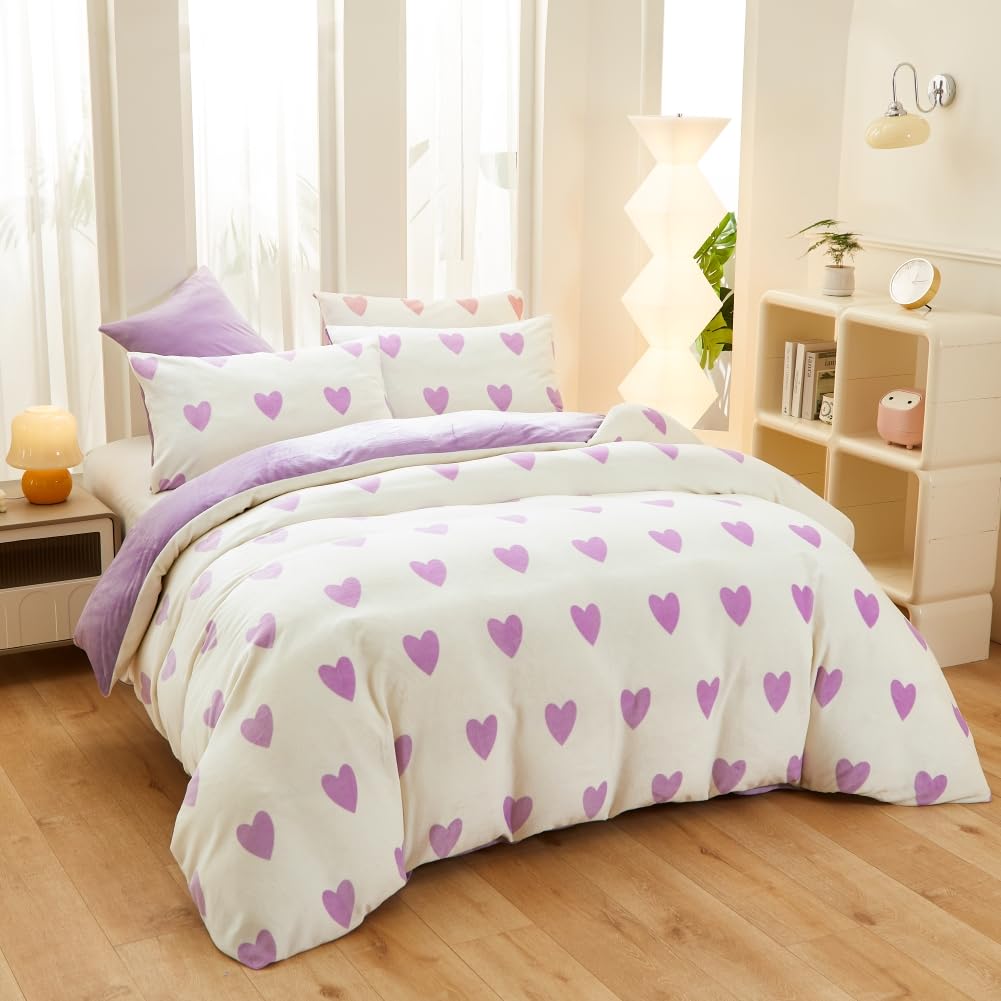 Covebett Winter Bettwäsche Flanell 200x200 Herzen Lila Weiß Warme Biber Plüsch Wende Winterbettwäsche 3teilig, Flauschig Fleece Mädchen Bettbezug und 2 Kissenbezug 80x80 mit Reißverschluss
