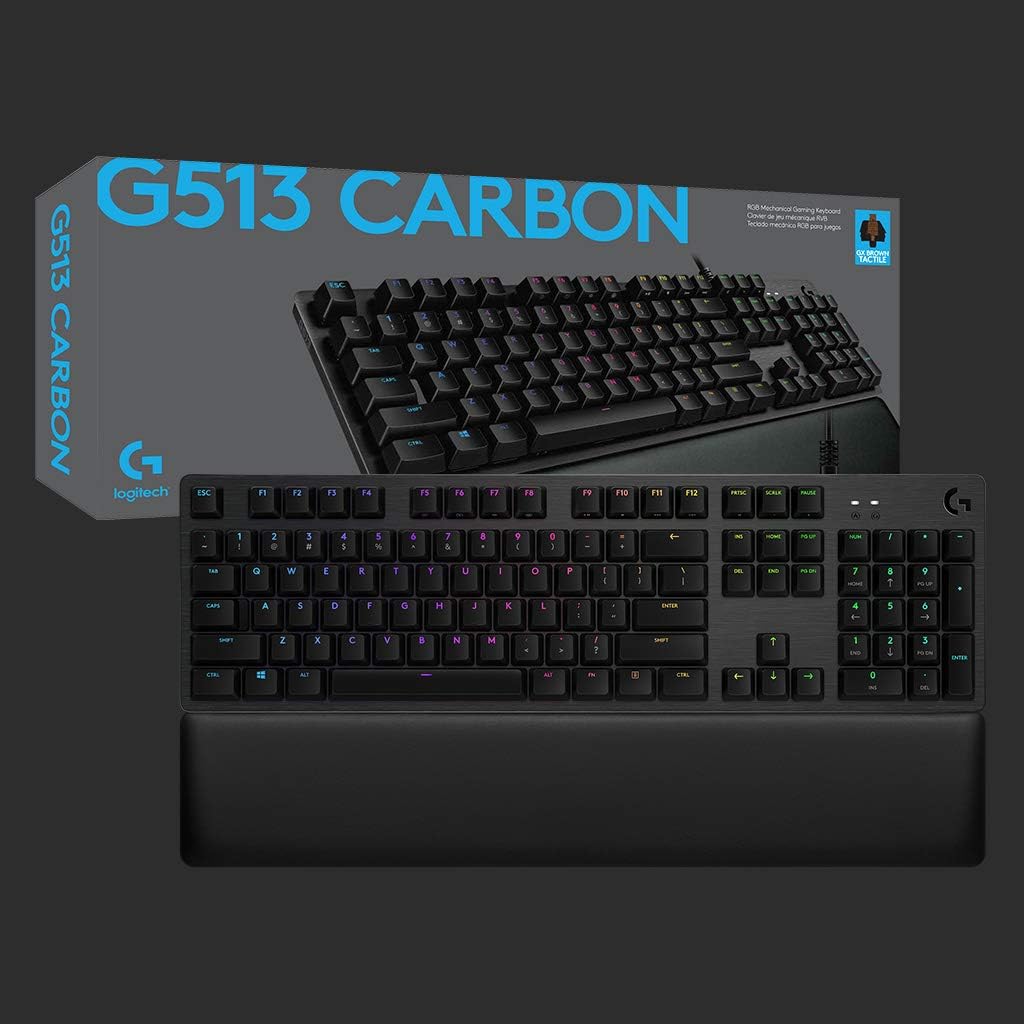 Logitech G513 mechanische Gaming-Tastatur, GX Brown Taktile Switches, RGB-Beleuchtung, USB-Durchschleife, Handballenauflage mit Memory Foam, Aluminium-Gehäuse, Deutsches QWERTZ-Layout - Carbon/Schwarz