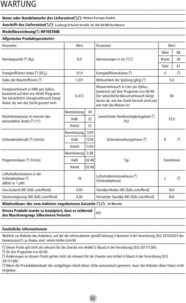 Midea Toplader Waschmaschine MF10ET80B / 8KG / A / 1300 U/min/BLDC Inverter Mortor/Dampffunktion/SoftOpener/XL Türöffnung/Kurz 15'&45' / Mehrere Temperaturoptionen/AquaStop, Weiß