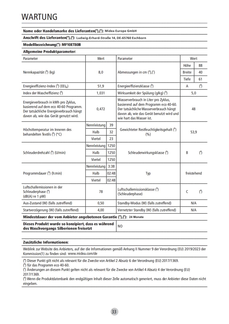 Midea Toplader Waschmaschine MF10ET80B / 8KG / A / 1300 U/min/BLDC Inverter Mortor/Dampffunktion/SoftOpener/XL Türöffnung/Kurz 15'&45' / Mehrere Temperaturoptionen/AquaStop, Weiß