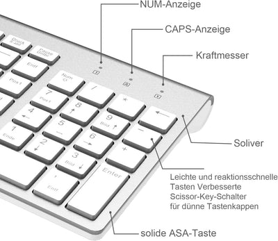 Tastatur Maus Set Kabellos - 2.4Ghz USB Funk Tastatur QWERTZ (Deutsch) Layout Ergonomisch Klein Maus Ultra-Dünne Wireless Keyboard Mouse für Computer/Desktop/PC/Laptop/Smart TV/Windows- Weiß Silber